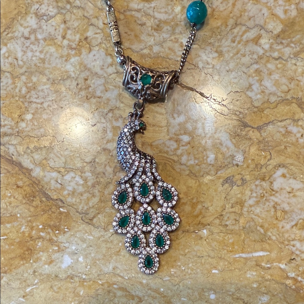 Peacock Pendant Necklace with Green and Silver Accents